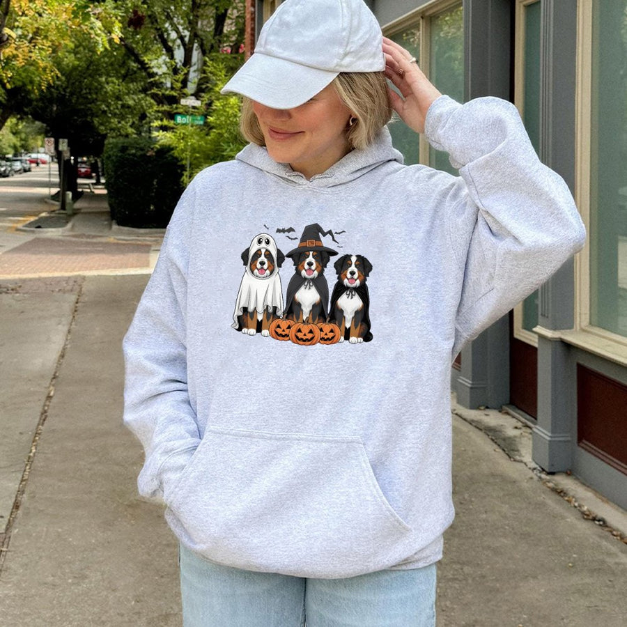 Bernese Mountain Dog Halloween Hoodie | Cute Spooky Ghost Pumpkin Graphic | Premium Cotton Blend Unisex Pullover | Gift for Dog Mom and Dog Lover