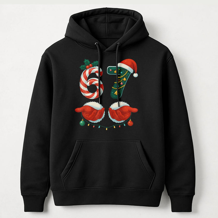 67 Christmas Hoodie | Festive Candy Cane Design | Soft Cotton-Poly Blend | Funny Holiday Meme Gift for Gen Alpha and Teens