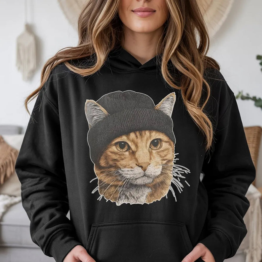 Orange Tabby Cat Hoodie | Cute Ginger Cat Wearing Beanie Graphic | Premium Cotton Blend Pullover | Funny Cat Lover Gift for Men and Women