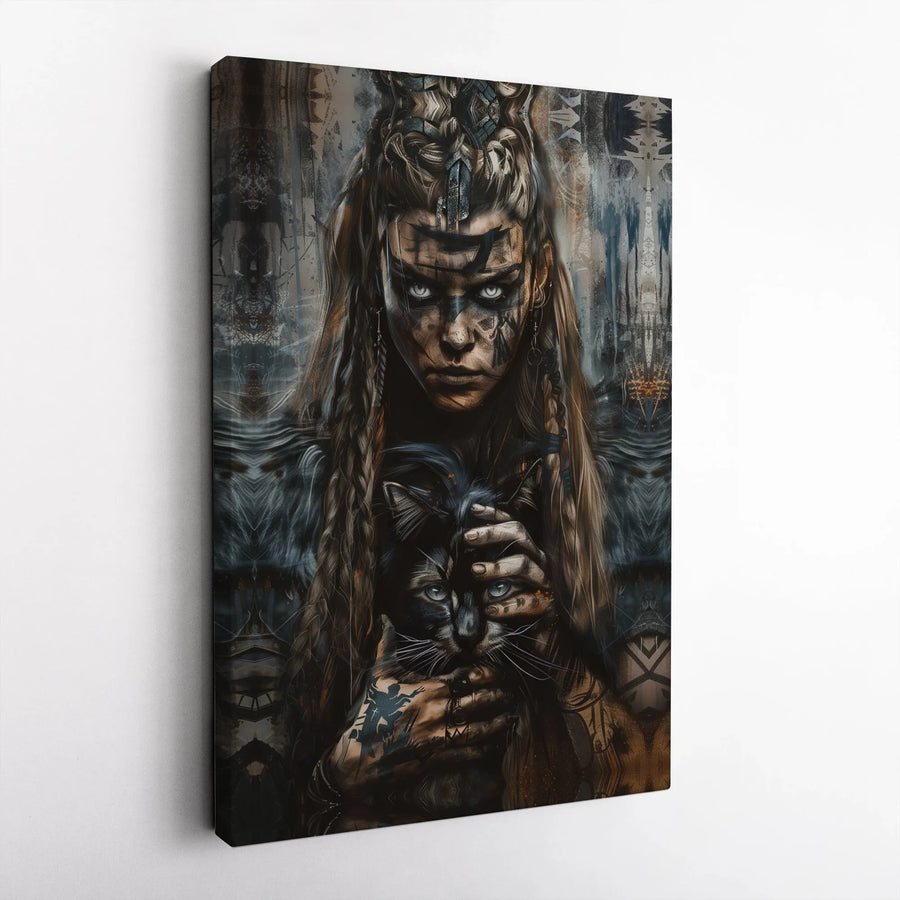Viking Warrior Woman Canvas Art | Dark Fantasy Black Cat Portrait | Premium Gallery-Wrapped Print | Norse Mythology Gift for Home Decor