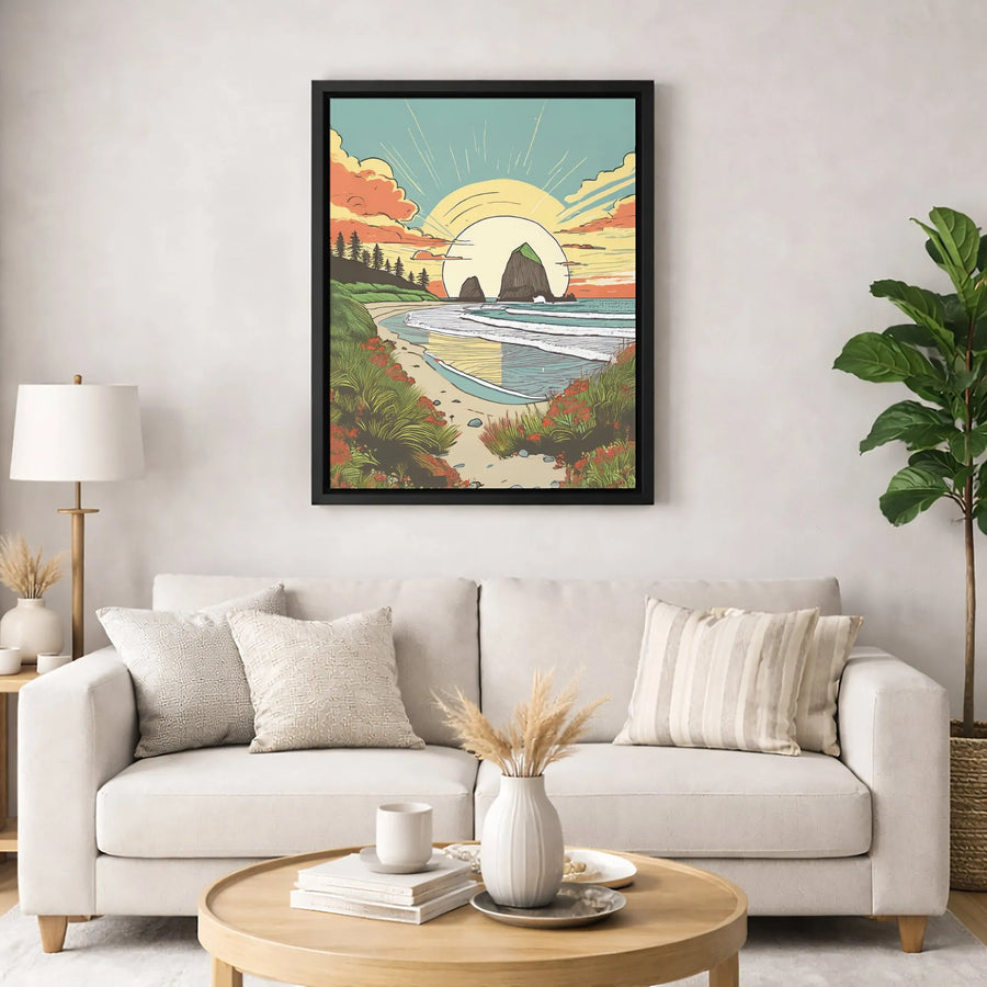 Cannon Beach Haystack Rock Canvas | Vintage Oregon Coast Sunset Art | 1.25-Inch Gallery Wrap | Coastal Wall Decor Gift for Nature Lovers