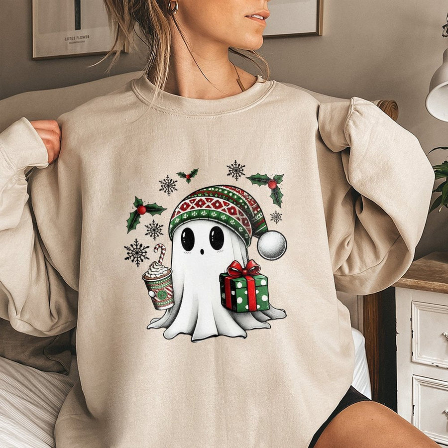 Christmas Ghost Sweatshirt | Cute Festive Holiday Spirit Graphic | Soft Cotton Blend Premium Quality | Cozy Xmas Apparel Gift For Men And Women