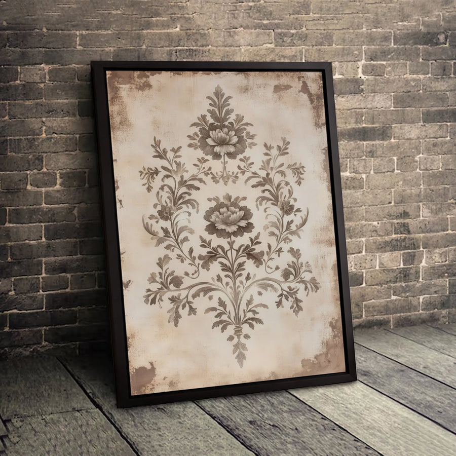 Vintage Damask Floral Canvas Wall Art | Distressed Brown Botanical Print | 1.25 Inch Gallery Wrap | Elegant Home Decor for Living Room Bedroom