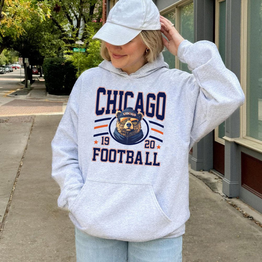 Vintage Chicago Football Hoodie, Retro Bear Mascot Graphic, Unisex Tailgate Football Outfit For Men & Women