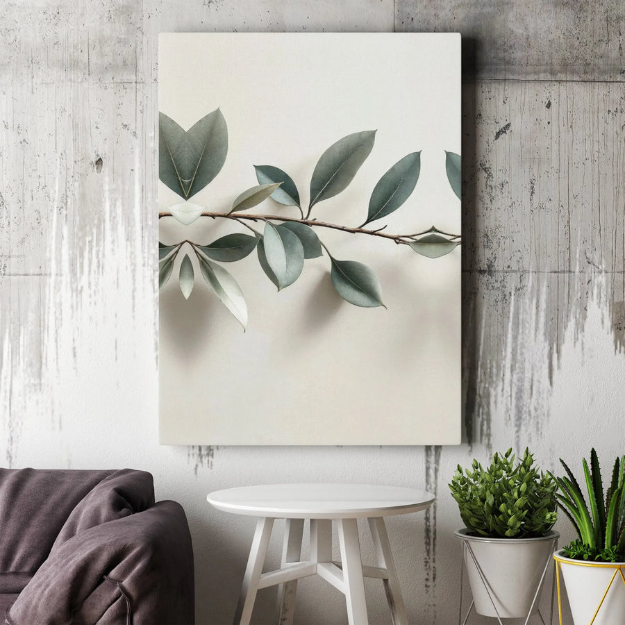 Minimalist Botanical Wall Art | Sage Green Leaf Branch Print | Premium Gallery Wrapped Canvas | Modern Neutral Home Decor