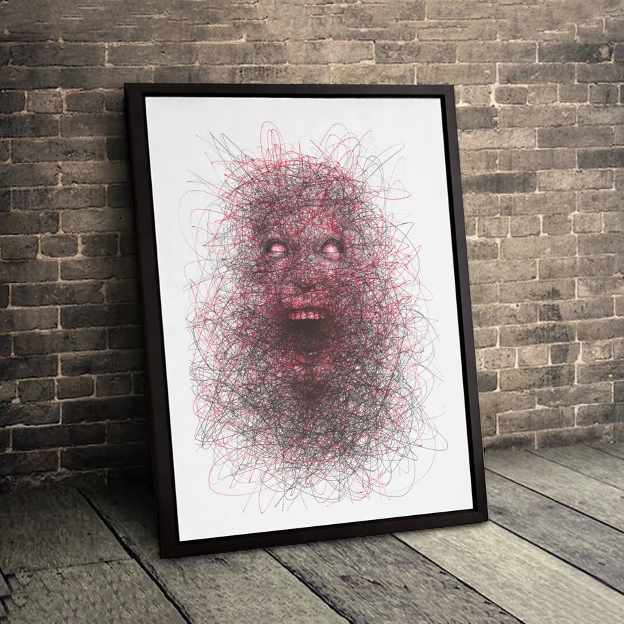 Screaming Face Abstract Canvas Art | Dark Surreal Scribble Sketch | 1.25-Inch Gallery Wrap | Gothic Home Decor Gift for Horror Fans
