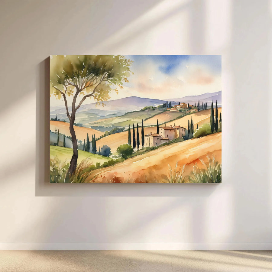 Tuscan Landscape Canvas Wall Art | Watercolor Italy Countryside Scene | Gallery Wrapped 1.25" Frame | Premium Home & Office Decor Gift