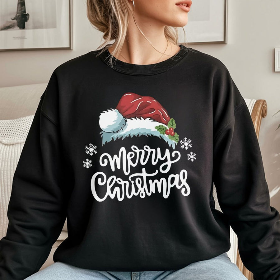 Merry Christmas Sweatshirt | Santa Hat Holly Holiday Graphic | Premium Cotton Blend Unisex Crewneck | Cozy Xmas Gift For Women And Men
