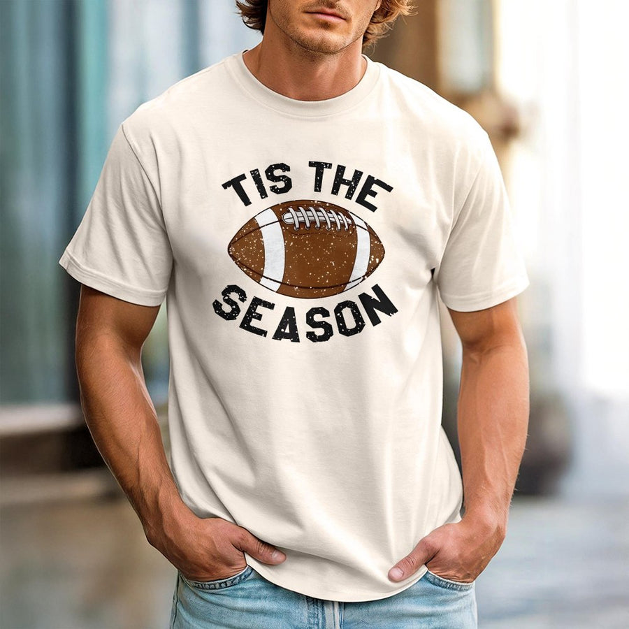 Tis The Season Football T-Shirt | Distressed Graphic Print | 100% Cotton Premium Tee | Cute Fall Game Day Outfit For Women & Men