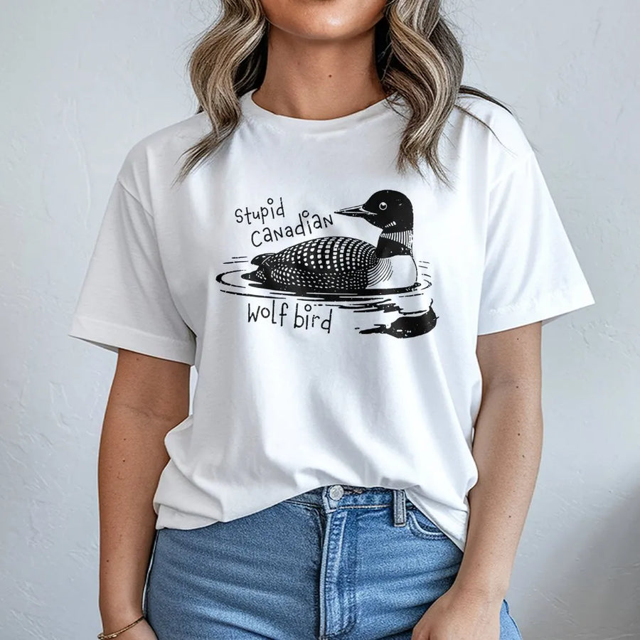 Stupid Canadian Wolf Bird T-Shirt | Funny Loon Graphic Tee | Premium Cotton Unisex Apparel | Gift for Hockey Romance Readers & Fan Fiction Lovers