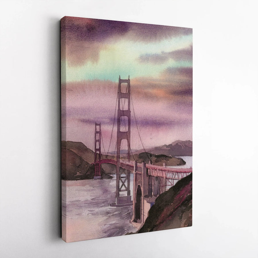 Golden Gate Bridge Canvas Wall Art | Watercolor Painting Print | Premium Gallery Wrapped Canvas | California Home Decor Gift