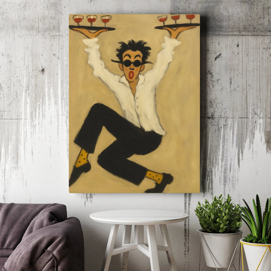 Dancing Waiter Wall Art | Whimsical Restaurant Canvas Print | Premium Gallery Wrap Decor | Fun Bar Kitchen Wall Decor Gift