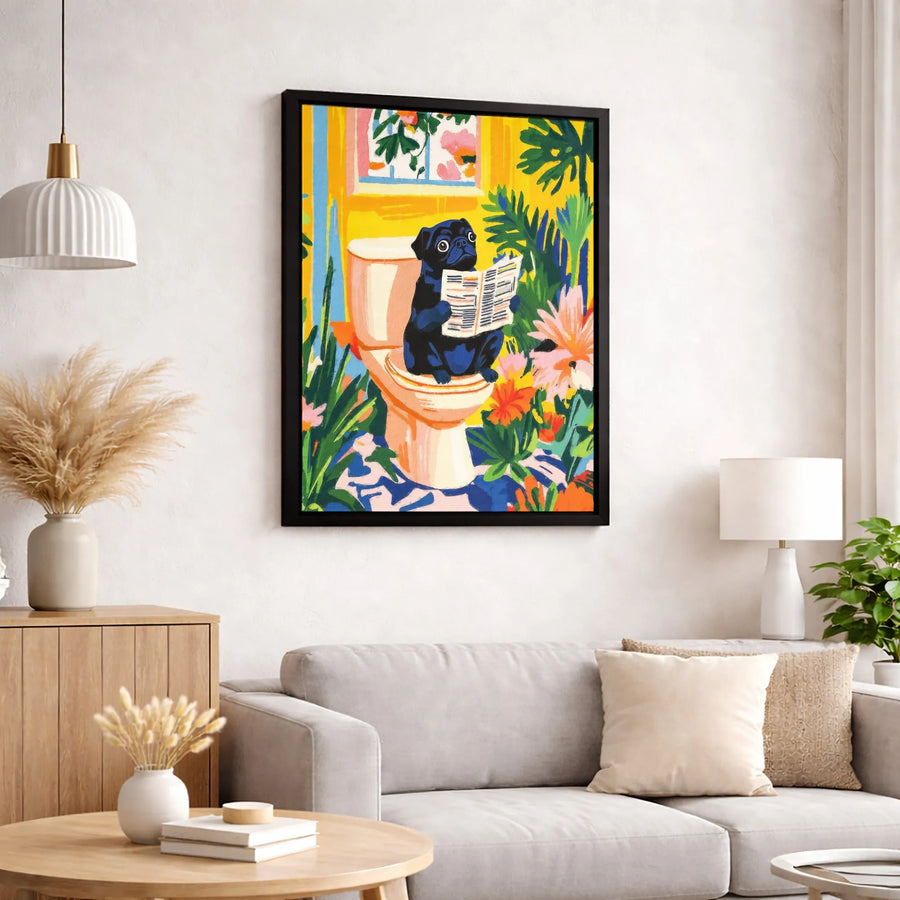 Black Pug Bathroom Art Print | Funny Dog Reading Newspaper On Toilet | Gallery-Quality Canvas Wall Decor | Quirky Gift for Dog Lovers