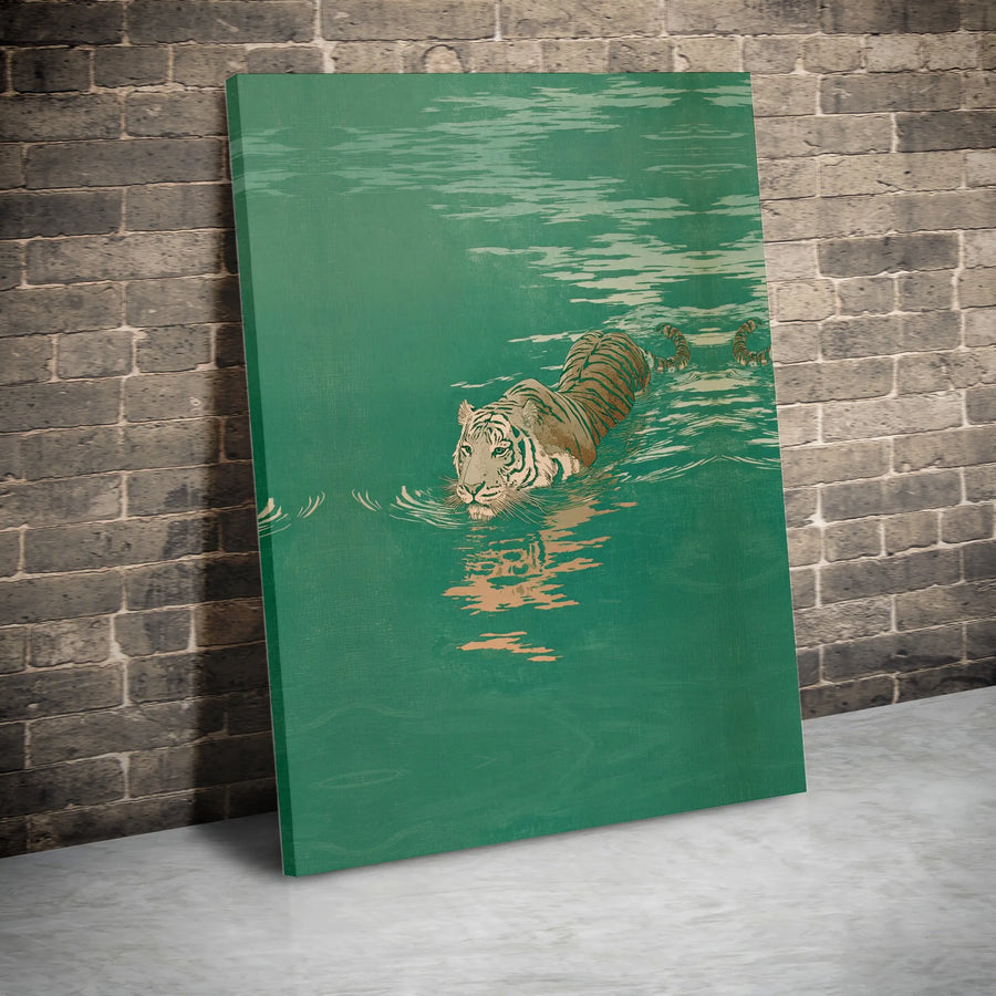 Japanese Tiger Wall Art | Vintage Ukiyo-e Style Swimming Big Cat | Premium Canvas Print | Asian Inspired Home Decor Gift