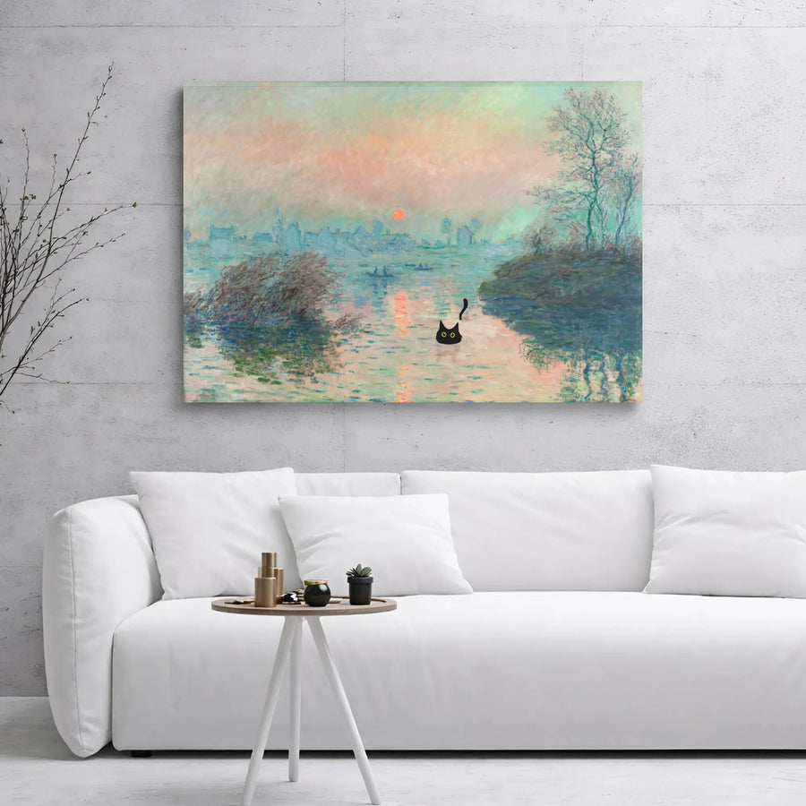 Black Cat Monet Impressionism Canvas | Famous Art Parody Print | Premium 1.25 Inch Gallery Wrap | Unique Cat Lover Home Decor Gift
