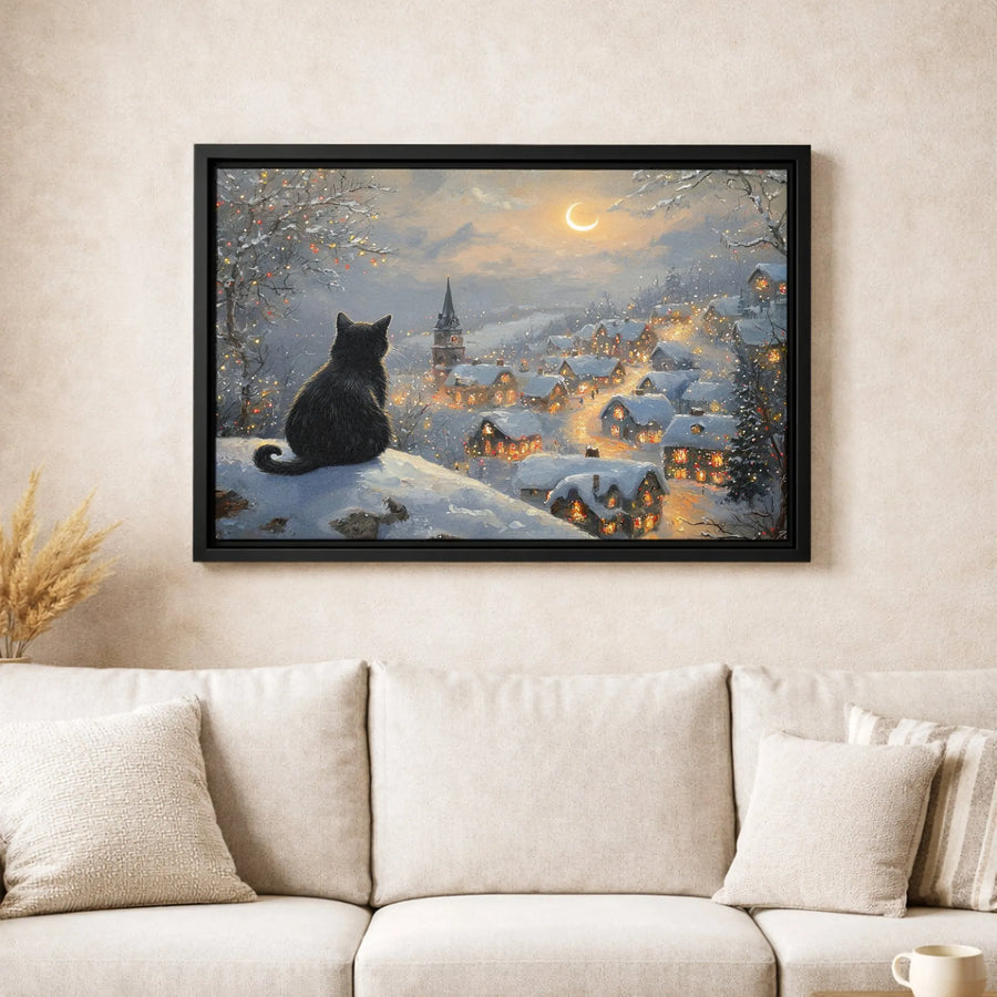 Black Cat Christmas Canvas Art | Snowy Winter Village Landscape | Premium Gallery-Wrapped Print | Cozy Holiday Home Decor Gift