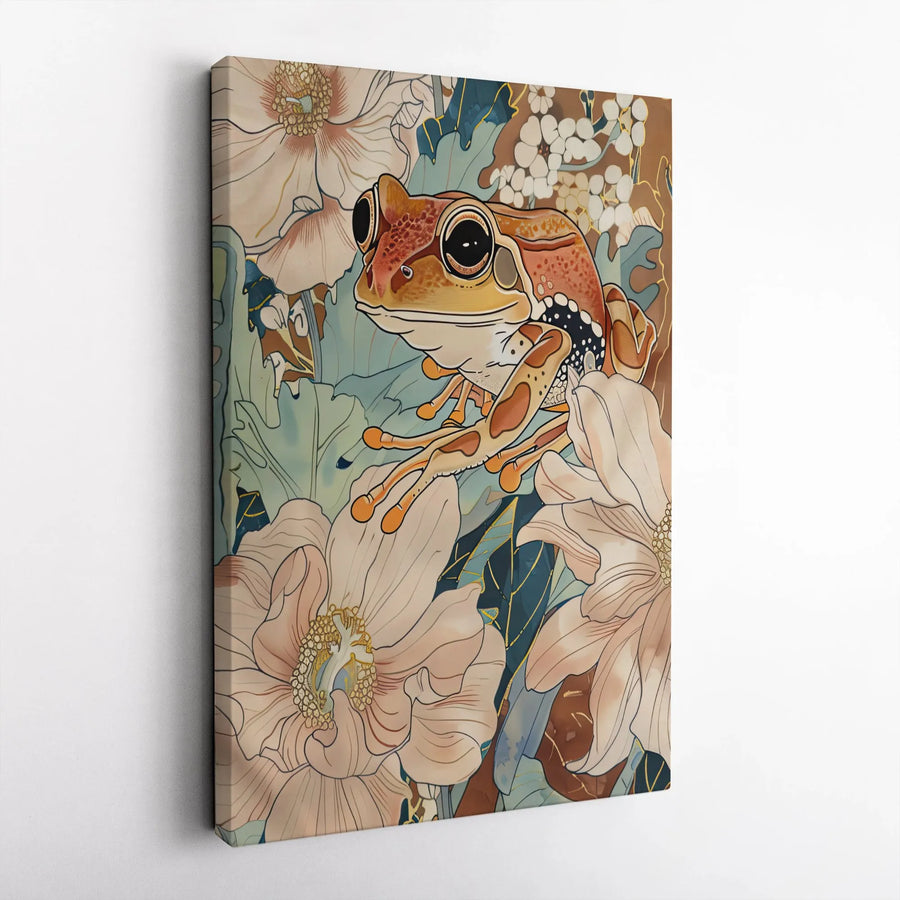 Art Nouveau Frog Vertical Canvas | Japanese Style Botanical Illustration | Premium Frameless Wall Decor | Boho Living Room Art Gift