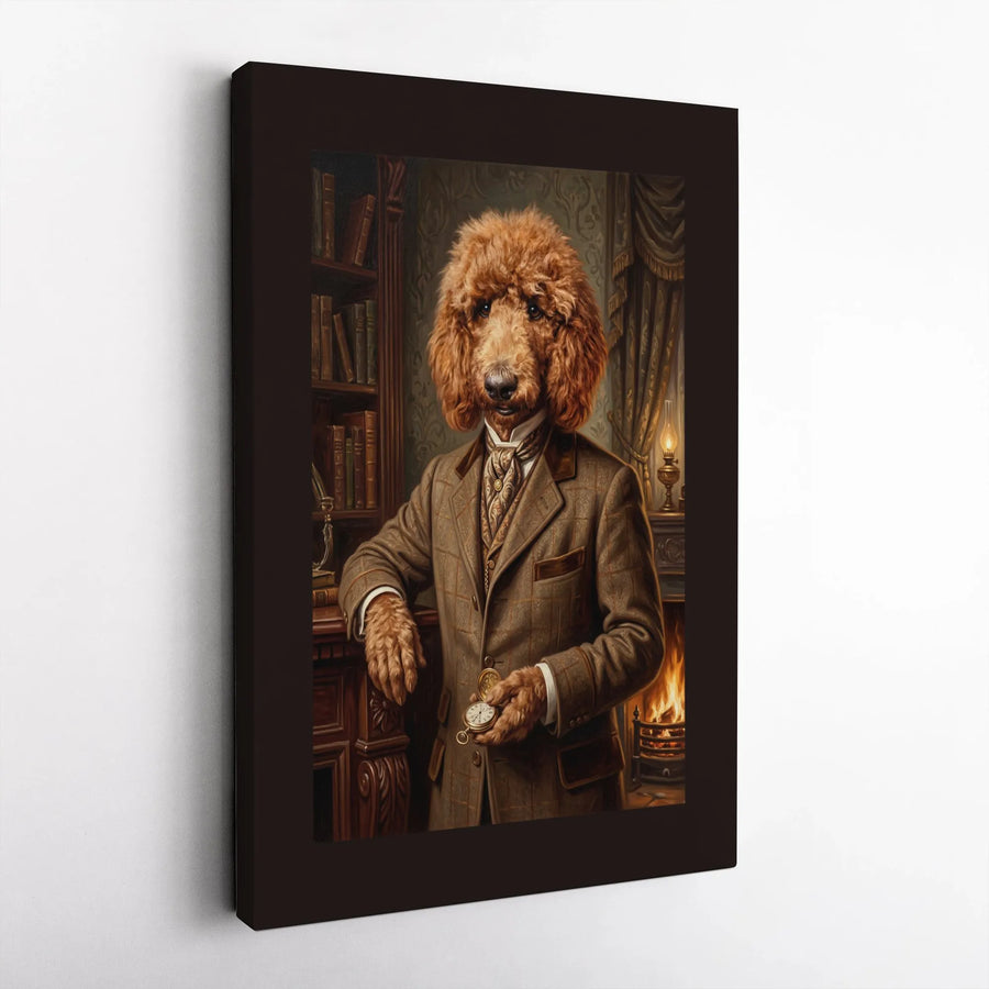 Victorian Goldendoodle Dog Portrait Vertical Canvas | Funny Gentleman Dog in Tweed Suit Wall Art | Premium 1.25" Gallery Wrap | Whimsical Gift for Pet Lovers