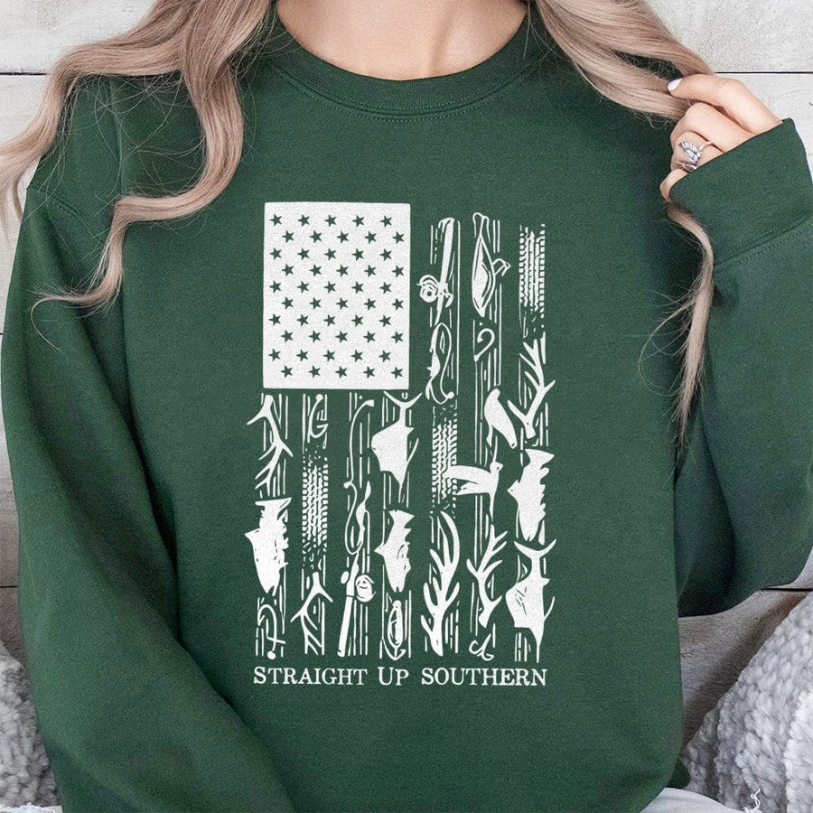 Fishing American Flag Sweatshirt | Patriotic Hunting Wildlife Graphic | Cotton Blend Unisex Pullover | Outdoor Gift For Outdoorsmen