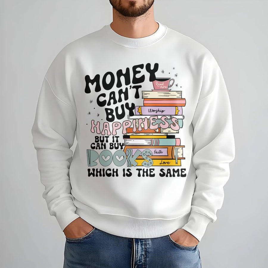 Money Can't Buy Happiness But It Can Buy Books Sweatshirt | Retro Librarian Book Stack Design | Premium Soft Blend Crewneck | Gift for Readers & Book Lovers