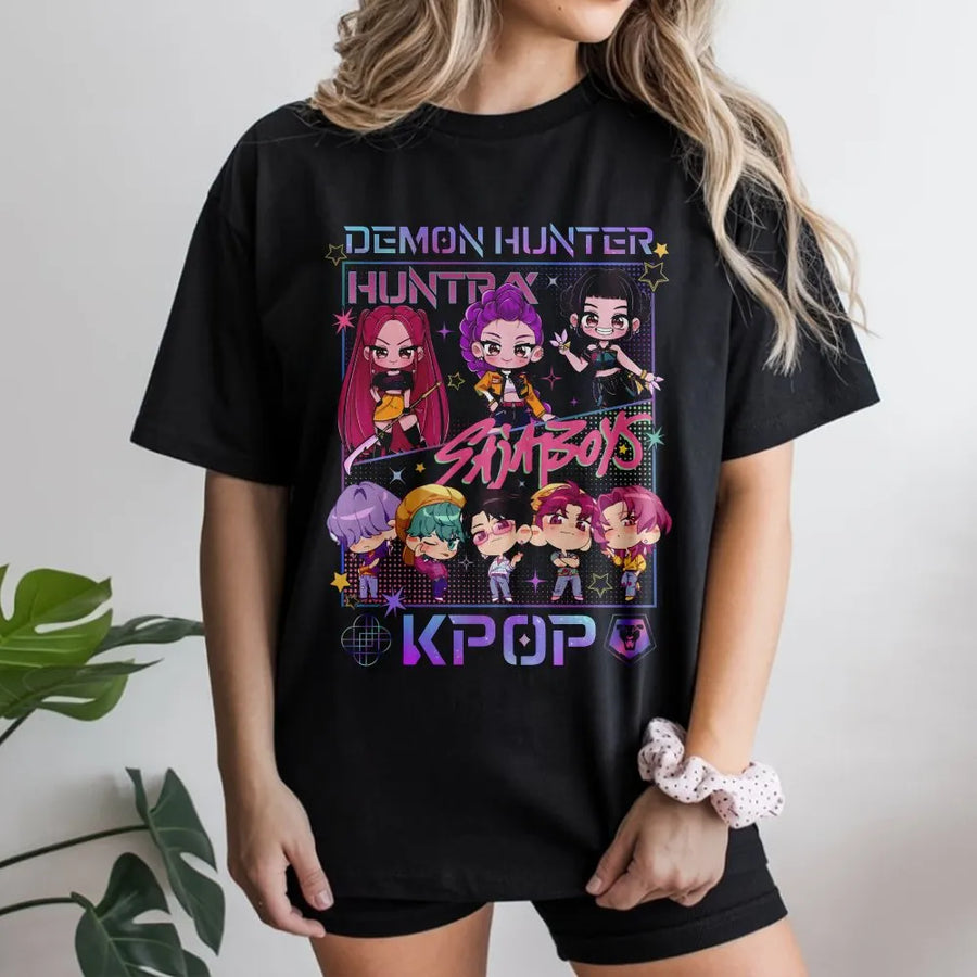 K-Pop Chibi Anime T-Shirt | Demon Hunter Graphic Art | Premium Cotton Unisex Tee | Gift for K-Pop Fans and Manga Lovers