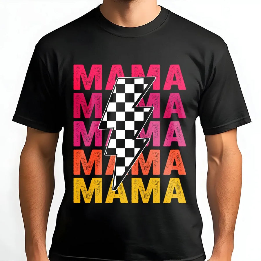 Mama T-Shirt | Checkered Lightning Bolt Retro Design | Premium Soft Cotton Graphic Tee | Trendy Mom Gift for Mother's Day 2026