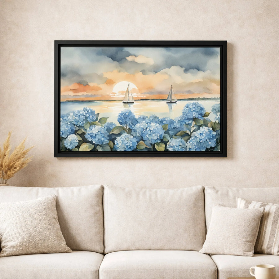 Watercolor Sailboat Canvas Art | Coastal Sunset With Blue Hydrangeas | Premium Gallery Wrap Print | Serene Nautical Wall Decor Gift
