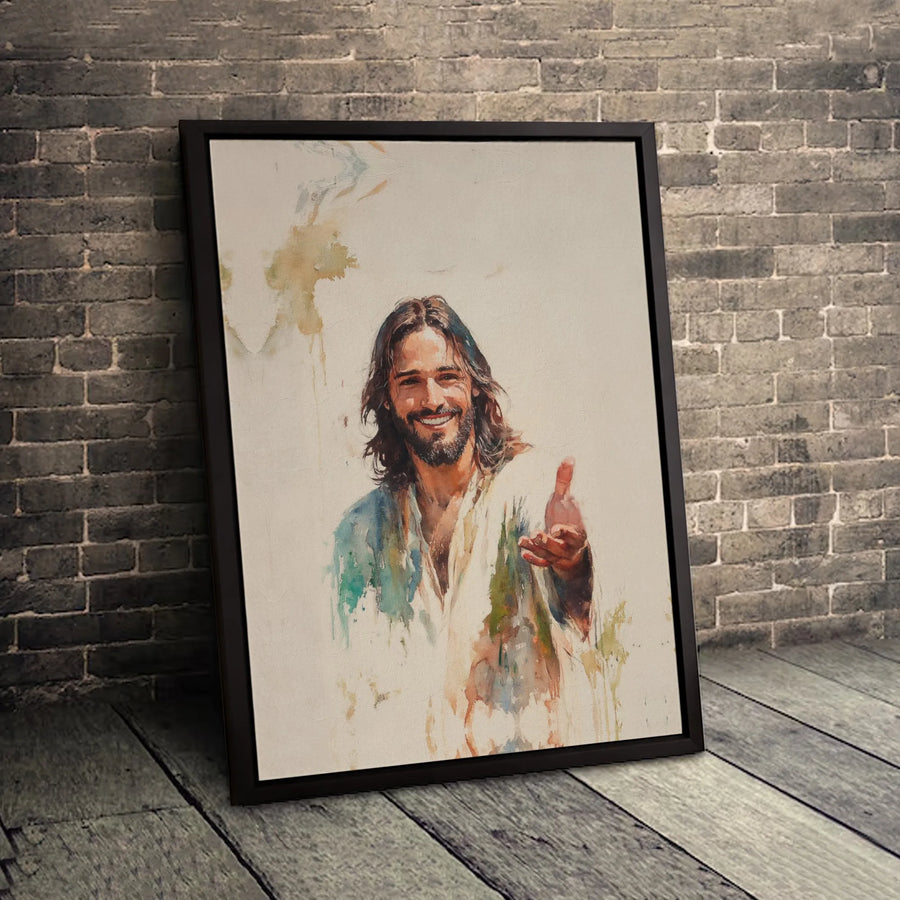 Jesus Christ Canvas Wall Art | Smiling Jesus Watercolor Portrait | Gallery Quality 1.25 Inch Frame | Christian Religious Home Decor Gift
