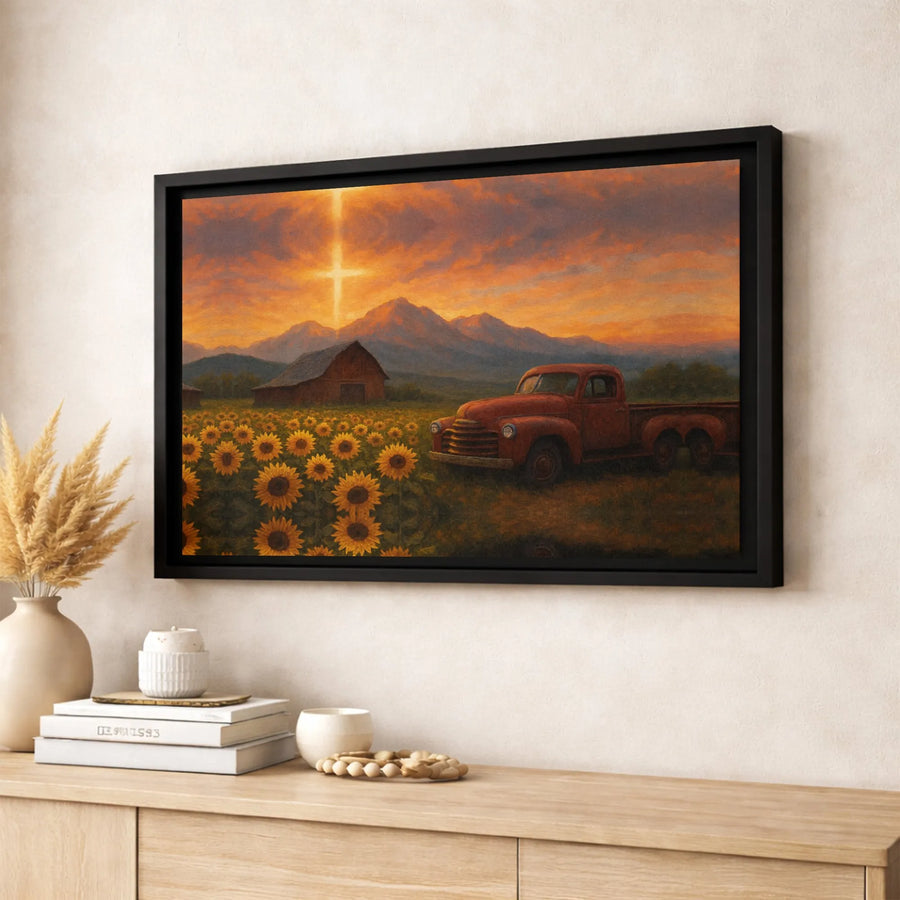 Sunflower Field Wall Art | Rustic Red Truck & Religious Cross Landscape | Premium Gallery Wrapped Canvas | Farmhouse Home Decor Gift