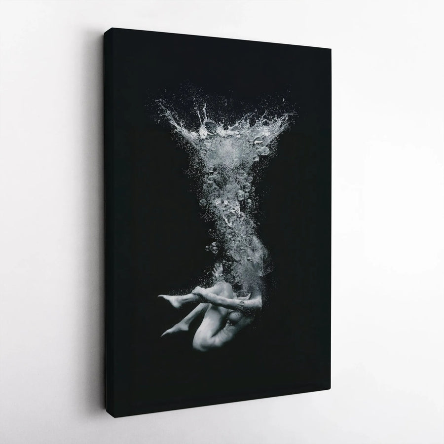 Abstract Underwater Figure Canvas Print | Modern Black and White Splash Art | 1.25-Inch Gallery-Quality Profile | Atmospheric Home Decor Gift