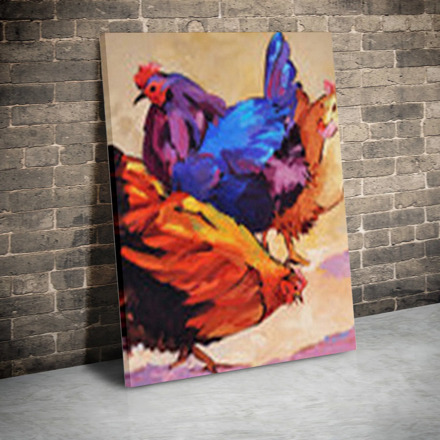 Colorful Rooster Vertical Canvas | Vibrant Abstract Chicken Painting | Premium Gallery Wrapped Canvas | Collector's Gift for Farmhouse Kitchen Decor