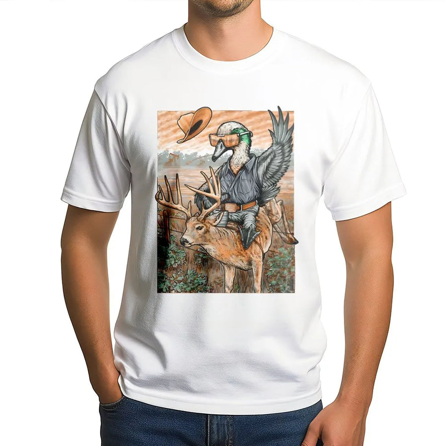 Funny Duck Riding Deer T-Shirt | Tactical Mallard Hunter Graphic | 100% Soft Cotton Tee | Unique Outdoor Gift for Hunters & Wildlife Lovers