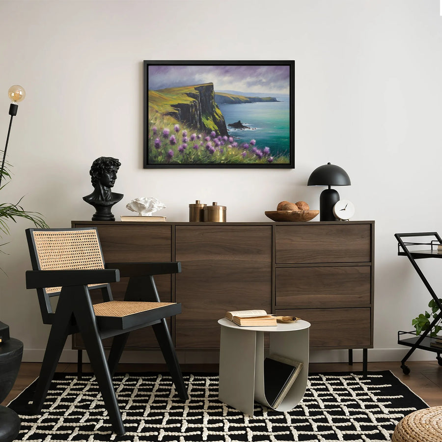Irish Coastal Cliff Canvas Print | Moody Seascape with Purple Wildflowers | Gallery Quality Wrapped Wall Art | Premium Home Decor Gift