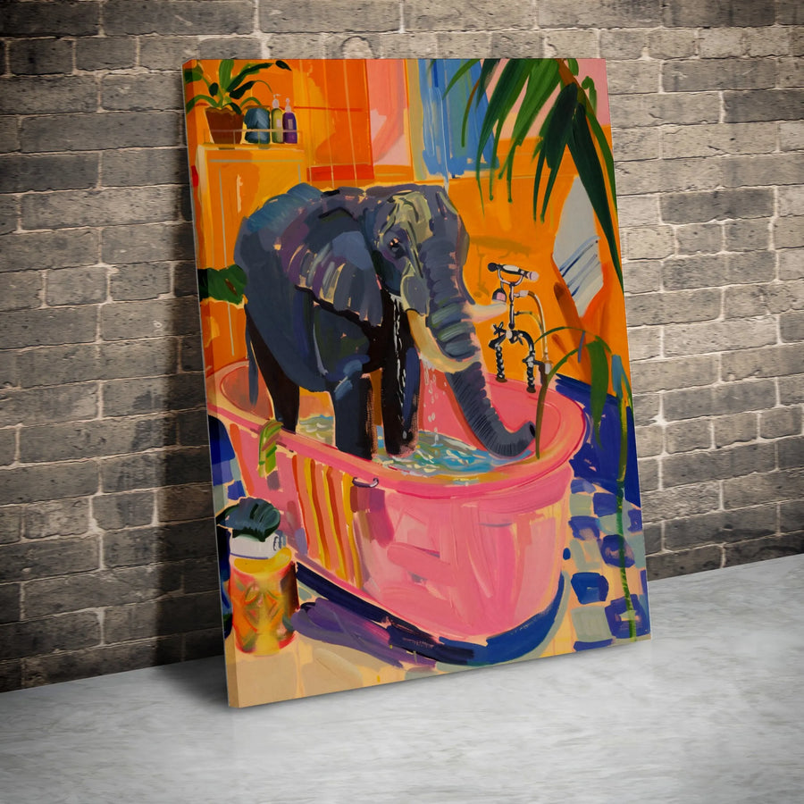 Elephant In Bathtub Canvas Wall Art | Colorful Expressionist Animal Print | 1.25-Inch Gallery Wrap | Whimsical Home Decor Gift