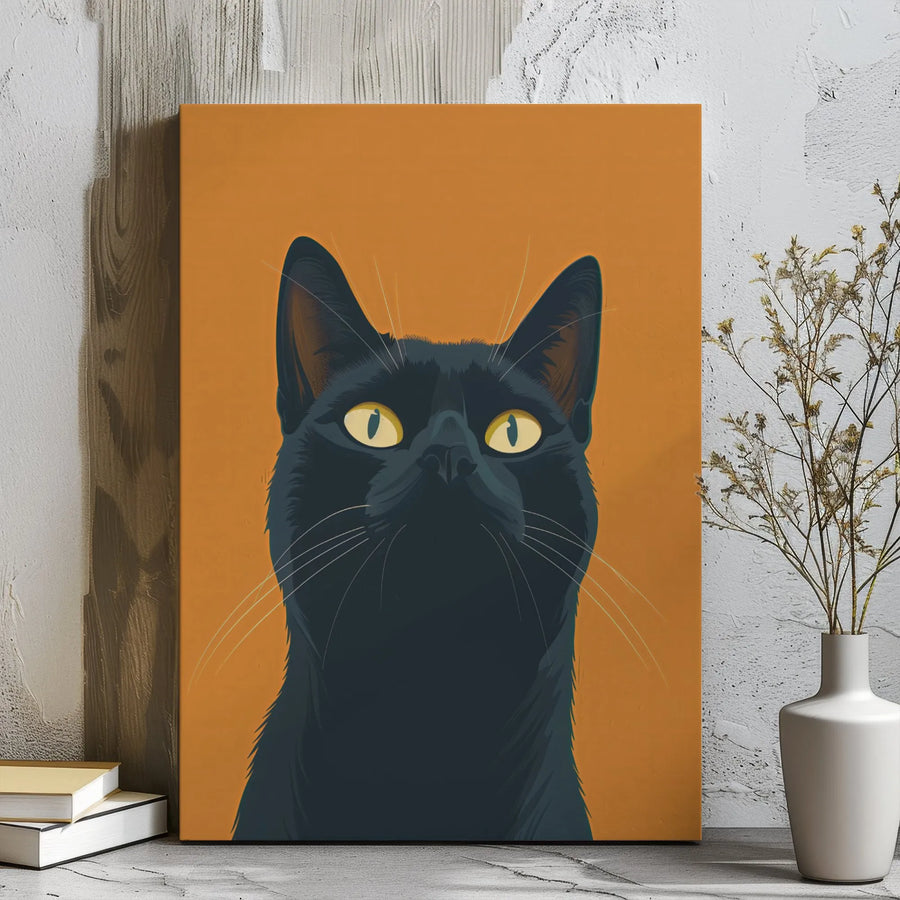 Black Cat Canvas Wall Art | Minimalist Yellow Eye Portrait | Premium Gallery Wrap Print | Modern Home Decor Gift for Cat Lovers