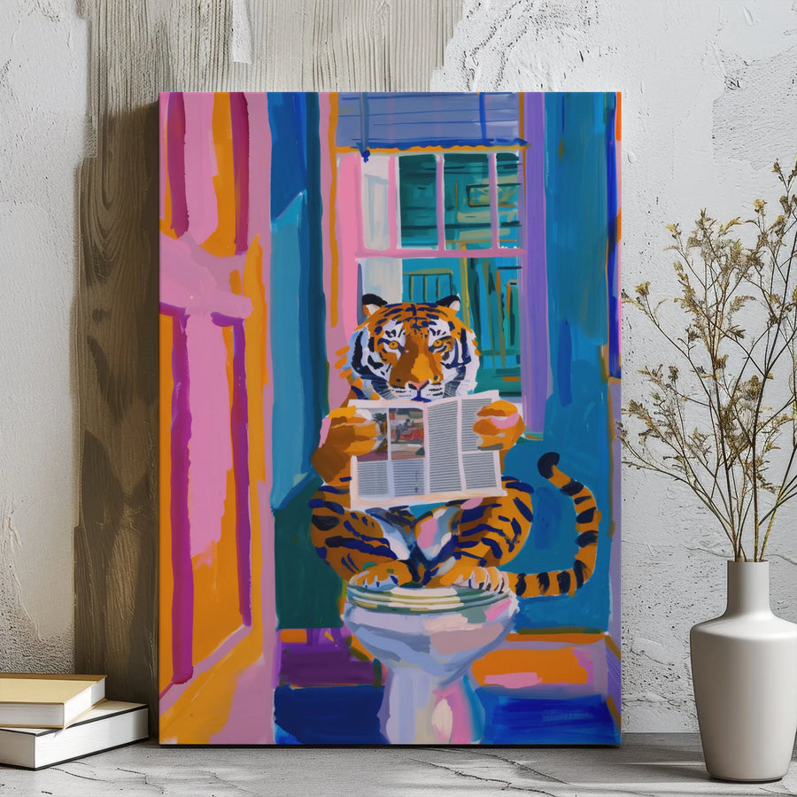 Tiger Reading Newspaper On Toilet Canvas Wall Art | Colorful Pop Art Bathroom Decor | Premium Gallery Wrap Print | Funny Animal Home Gift