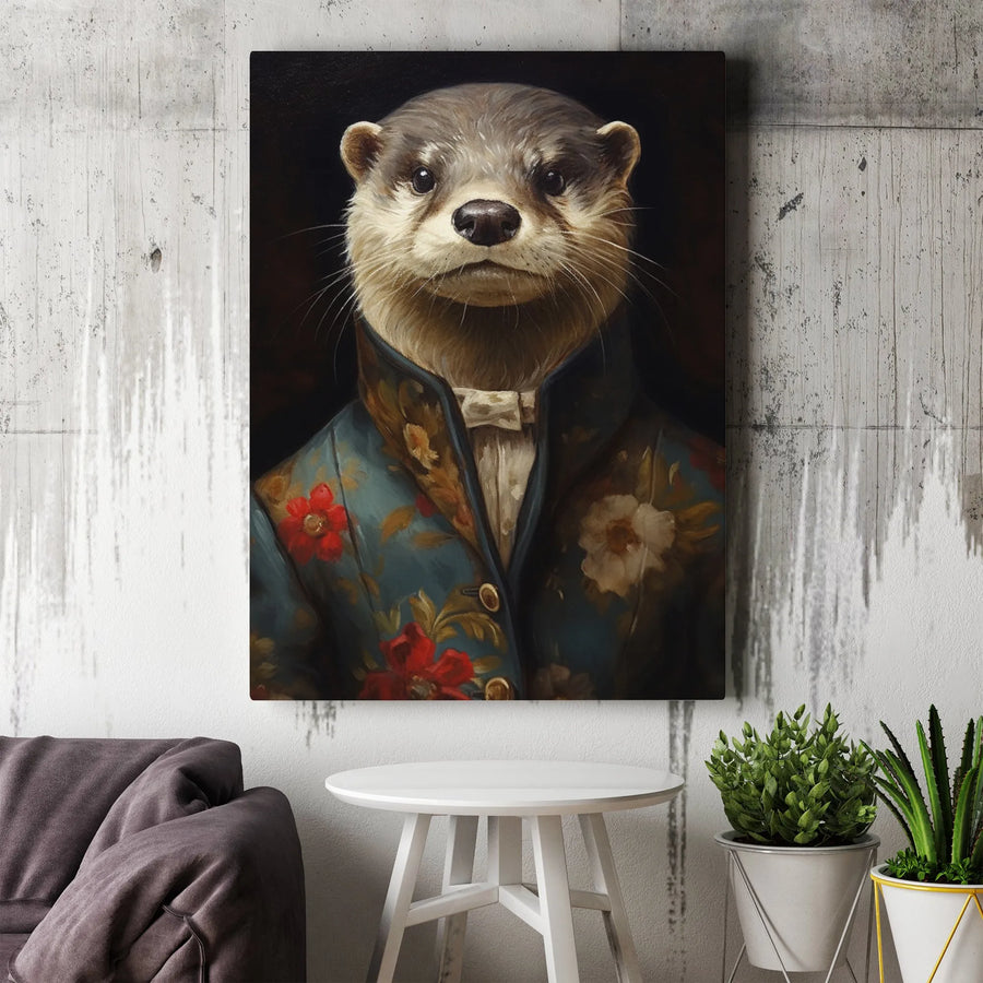 Dapper Otter Canvas Wall Art | Victorian Floral Suit Portrait | Premium Gallery Wrap Print | Quirky Animal Decor Gift for Office and Home