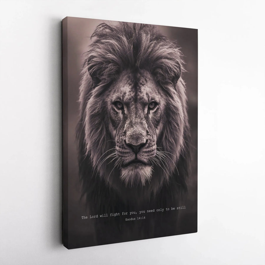 Lion Scripture Vertical Canvas | Exodus 14:14 Bible Verse Wall Art | 1.25" Gallery Wrap Premium Print | Christian Faith Encouragement Gift