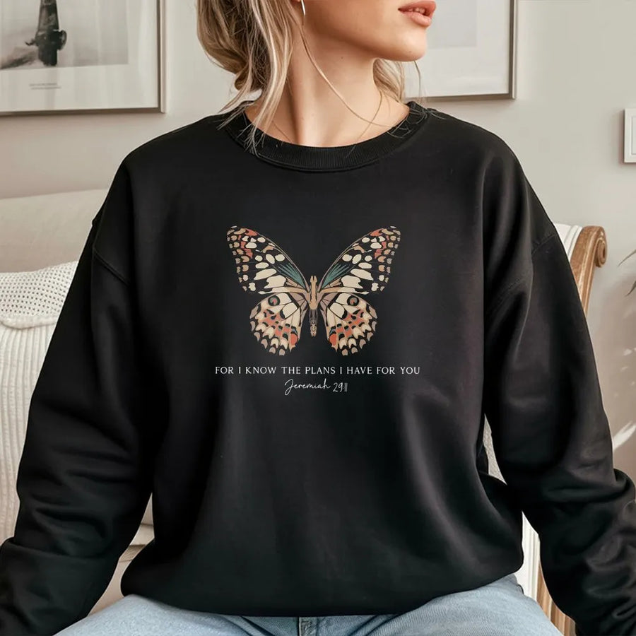 Christian Butterfly Sweatshirt | Jeremiah 29:11 Bible Verse Art | Soft Cotton Blend Pullover | Inspirational Faith Based Gift for Women