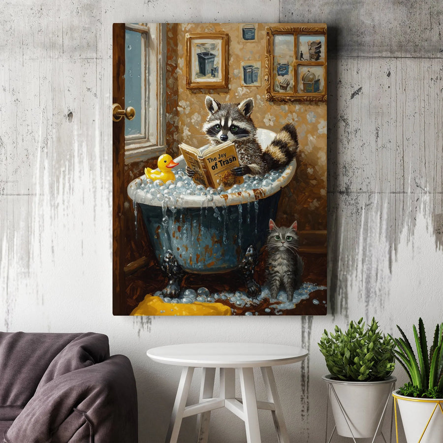 Funny Raccoon Reading Canvas Print | The Joy of Trash Bathroom Painting | Premium Thick Gallery Wrap | Unique Wall Decor Gift for Animal Lovers