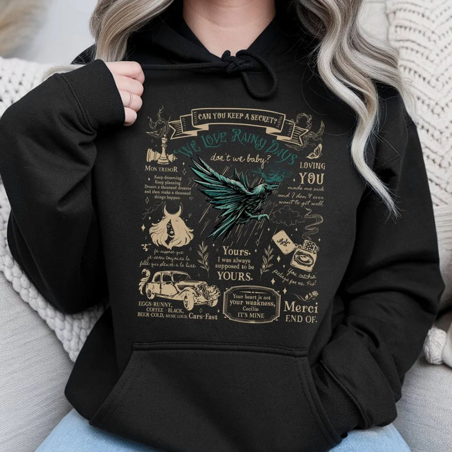 Gothic Raven Hoodie | Aesthetic Rainy Days Quote Graphic | Premium Soft Cotton Blend | Dark Academia Gift for Book Lovers