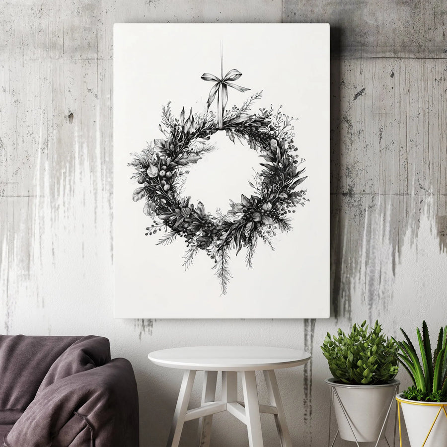 Christmas Wreath Canvas Print | Minimalist Black and White Botanical Wall Art | 1.25 Inch Gallery Wrap | Festive Holiday Home Decor Gift