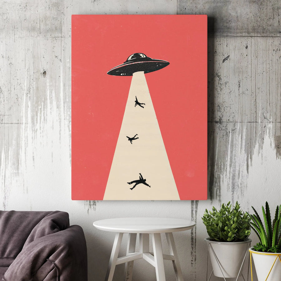 Retro UFO Abduction Canvas | Minimalist Sci-Fi Wall Art Print | Premium Thick Gallery Canvas | Collector's Gift for Alien Believers