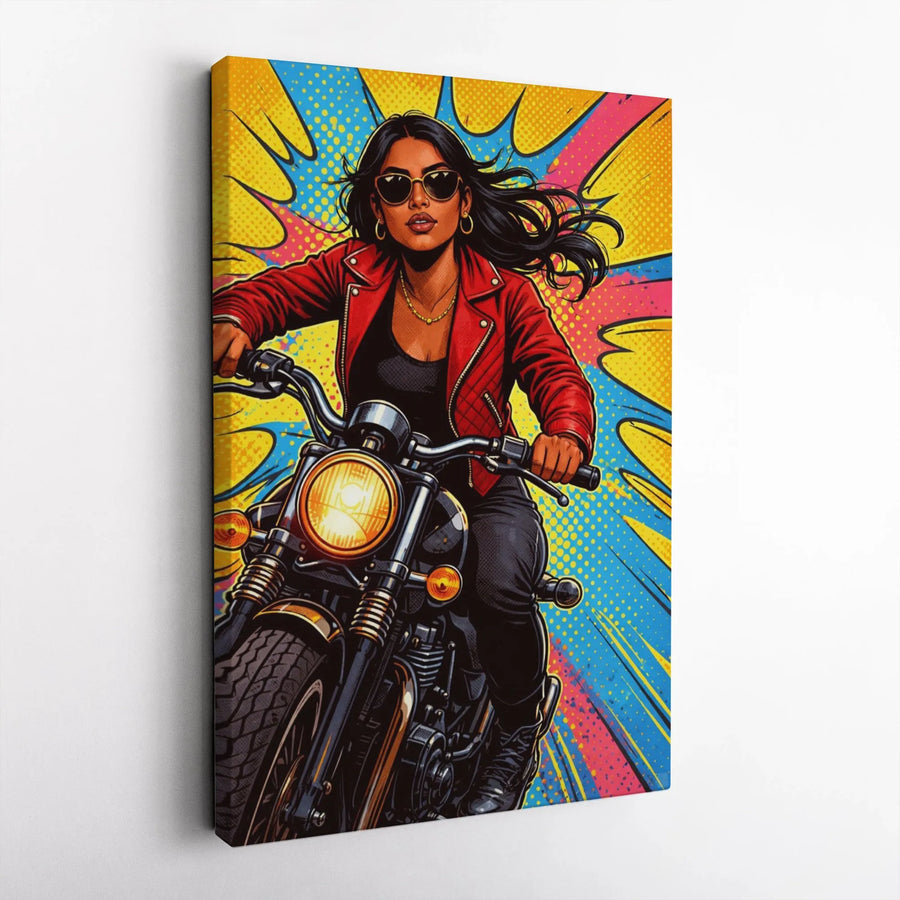 Pop Art Biker Woman Canvas Print | Retro Motorcycle Comic Book Style | Premium 1.25-Inch Gallery Wrap | Edgy Home Decor Gift for Riders
