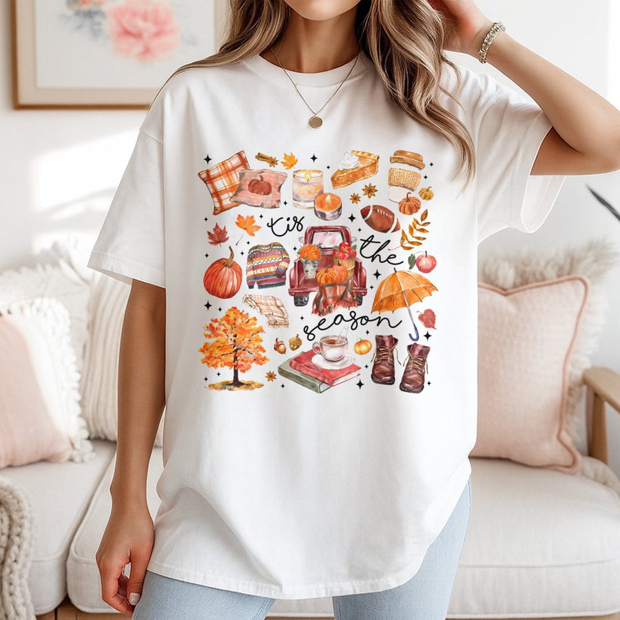 Tis The Season Fall T-Shirt | Pumpkin Spice Autumn Harvest Graphic | 100% Cotton Premium Tee | Cozy Thanksgiving Gift For Her