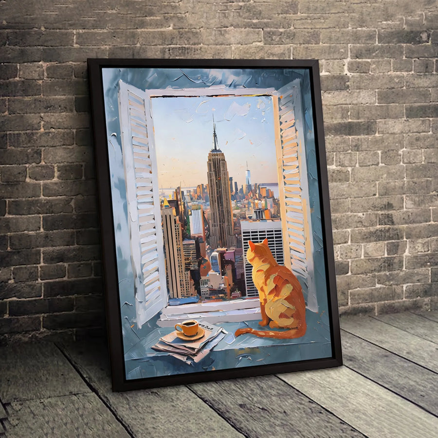 NYC Skyline Canvas Print | Orange Cat Gazing at Empire State Building | Gallery-Wrapped Premium Decor | Unique Gift for Cat Lovers
