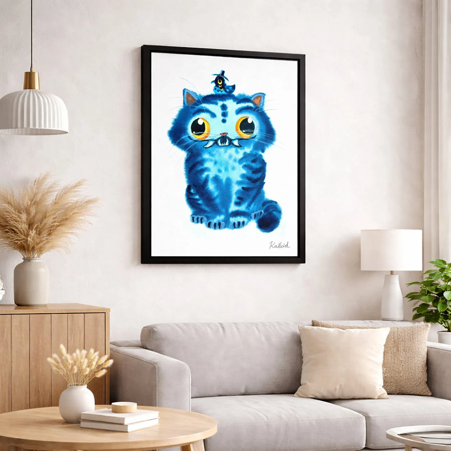 Whimsical Blue Cat Canvas Art | Cute Saber-Toothed Kitten Watercolor Painting | Premium Gallery Wrap Wall Decor | Unique Gift for Animal Lovers