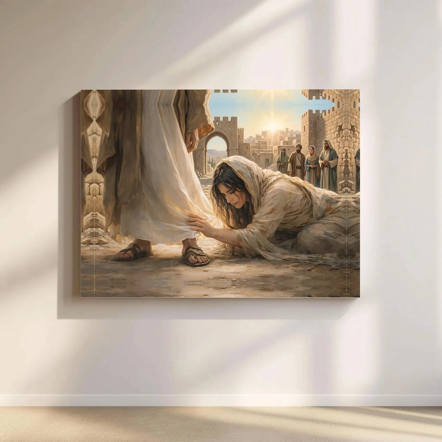 Jesus Healing Canvas Print | Woman Touching His Garment Biblical Art | Premium Gallery Quality Canvas | Christian Home Decor Gift