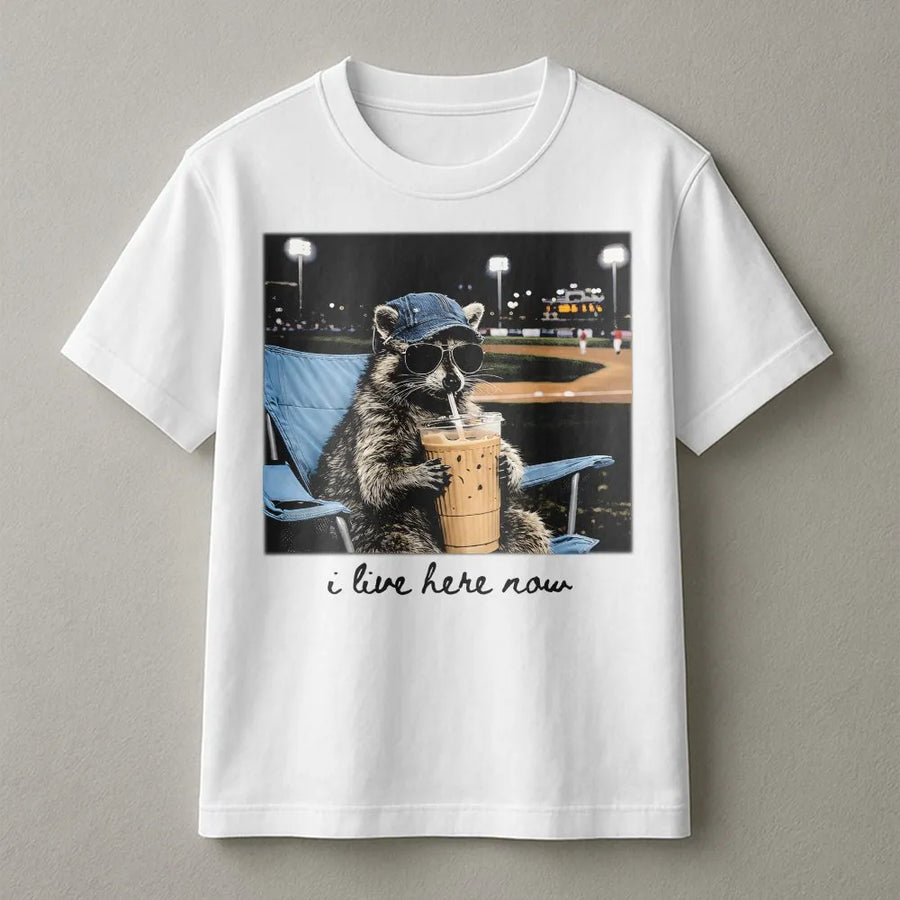 Funny Raccoon Baseball T-Shirt | 'I Live Here Now' Graphic Tee | Soft Cotton Unisex Tee | Gift for Baseball Mom or Softball Dad Tournament Fan