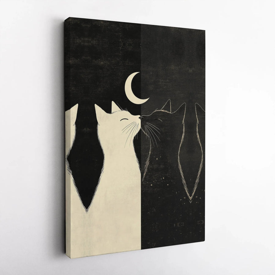 Black and White Cats Canvas Wall Art | Yin Yang Kissing Cats Moon Art | Premium Thick Gallery Canvas | Collector's Gift for Cat Lovers
